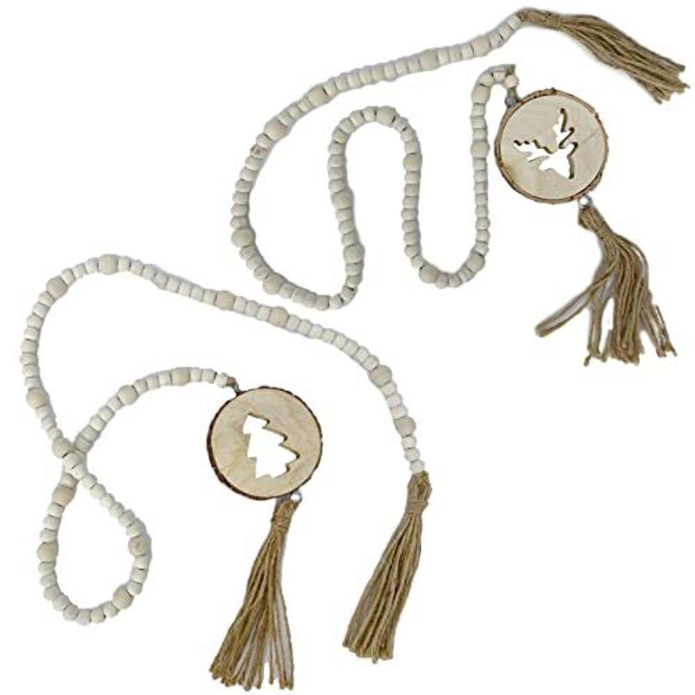 48" Long Natural Wood Bead Garland Ornaments - Set of 2 Christmas Holiday